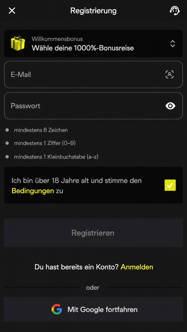 Registrierungsprozess für ein neues Konto