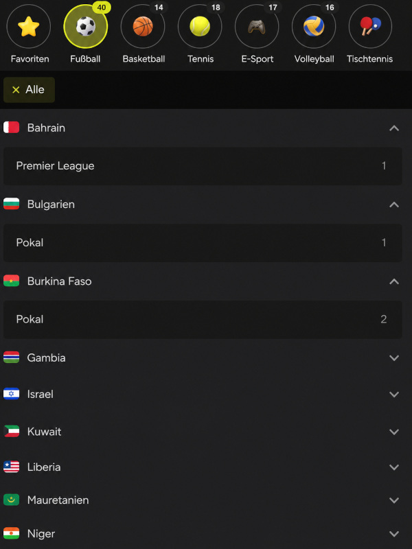 Sportwettenbereich der Website